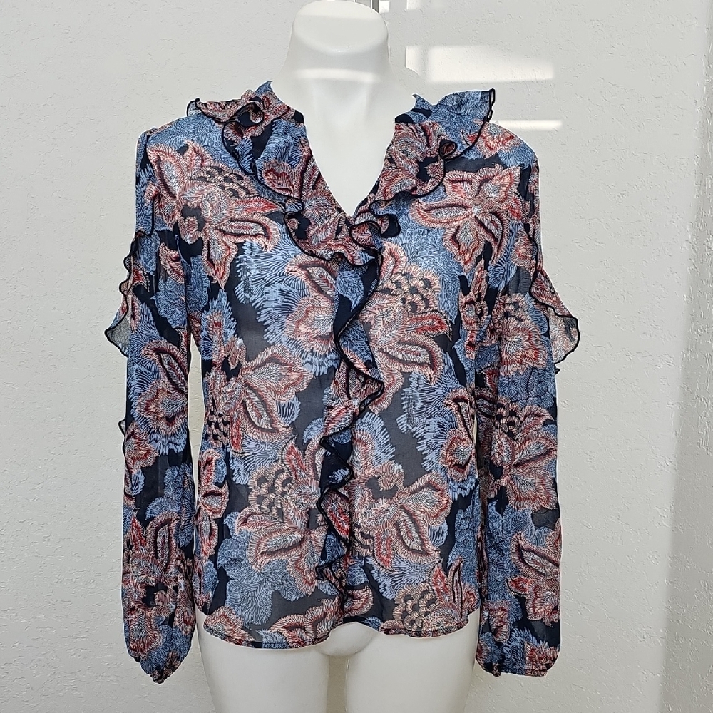 Chico's Floral Ruffle Blouse - Blue and Pink